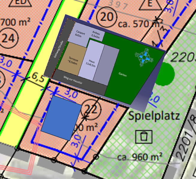 Lageplan eines Grundstücks mit Haus, Terrasse, Carport, Anbau, Garten und Spielplatz.