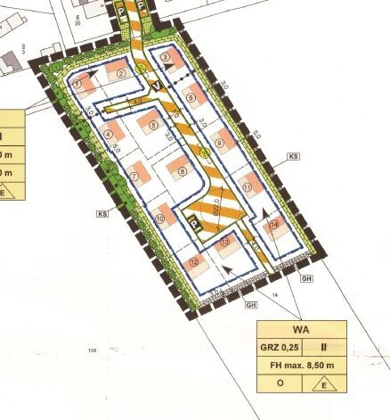 Lageplan eines Grundstücks mit Umfassungsmauern, Zufahrten und Bauflächen