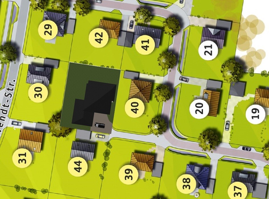 Lageplan eines Wohngebiets mit Grundstücken, Straßen und Häusern