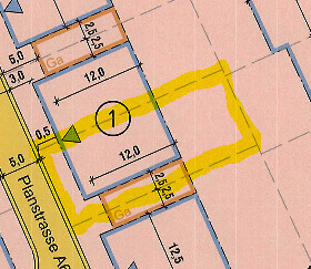 Geplanter Grundriss eines Hauses mit gelber Markierung eines Abschnitts.