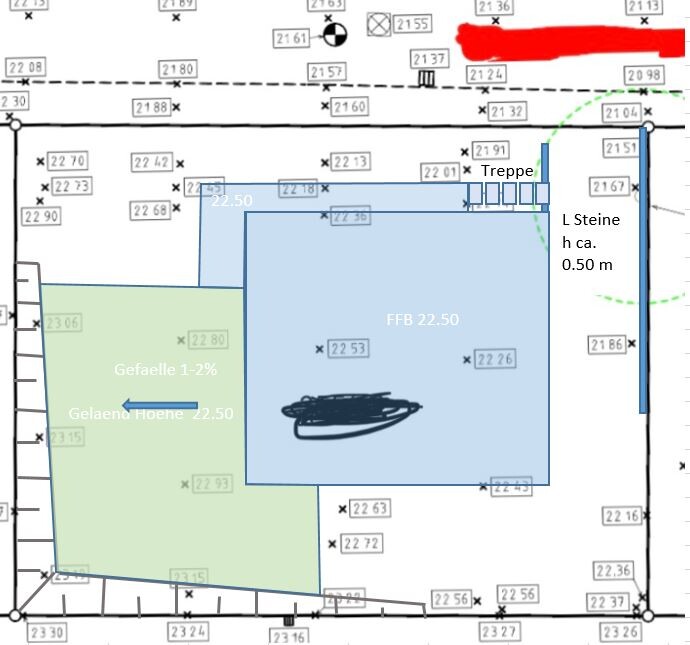 Lageplan: Großes blaues Gebäude, FFB 22.50, grüne Fläche links, Treppe rechts, Steine 0,50 m.