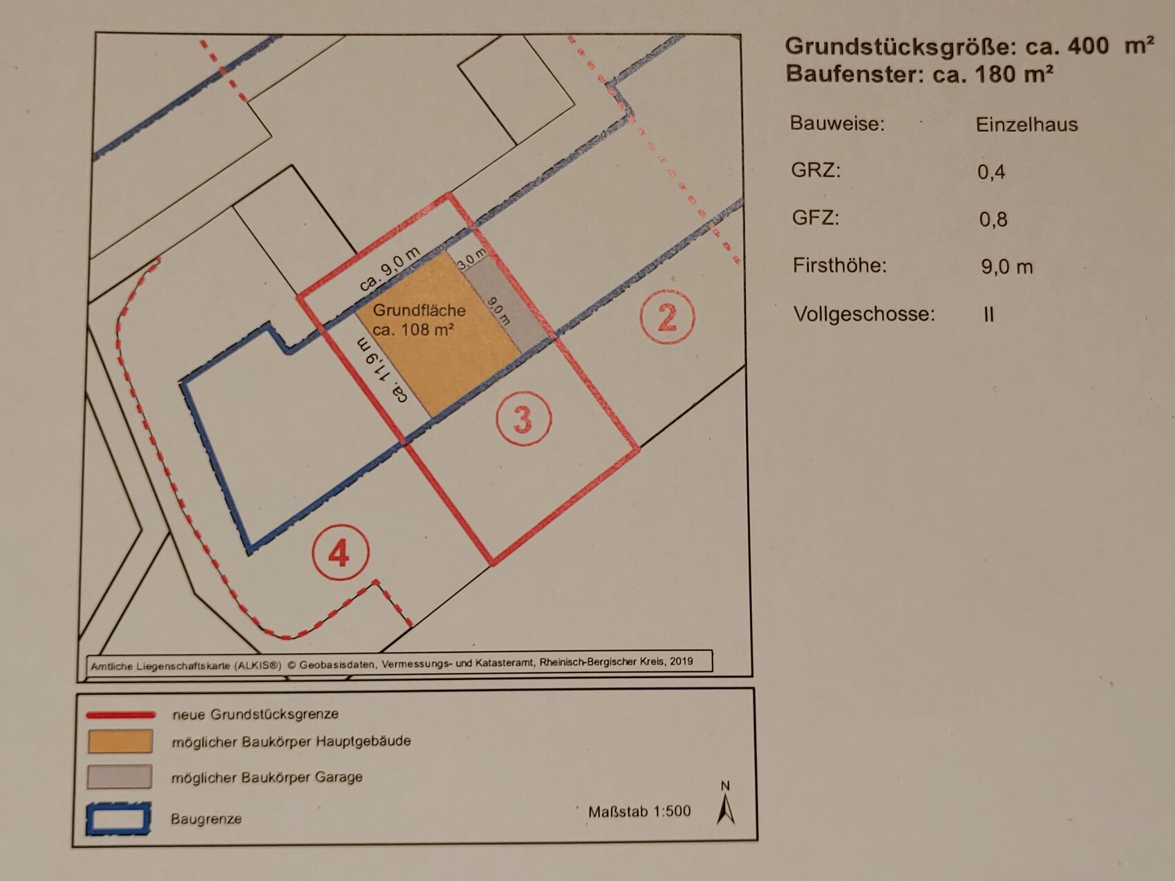 Lageplan eines Baugrundstücks mit roter Grenze, orangeem Hauptgebäude und Legende.