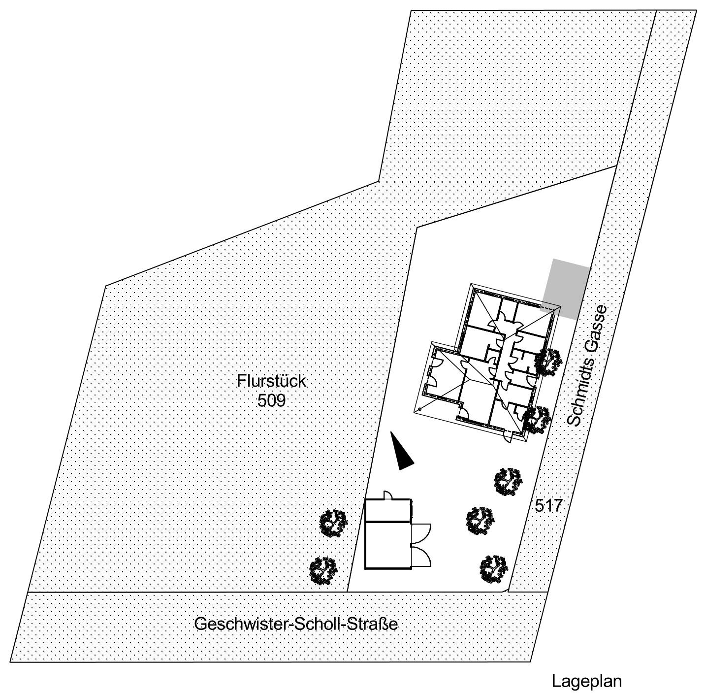 Lageplan eines Baugrundstücks mit Flurstueck 509 und Gebäudegrundriss an Schmidts Gasse