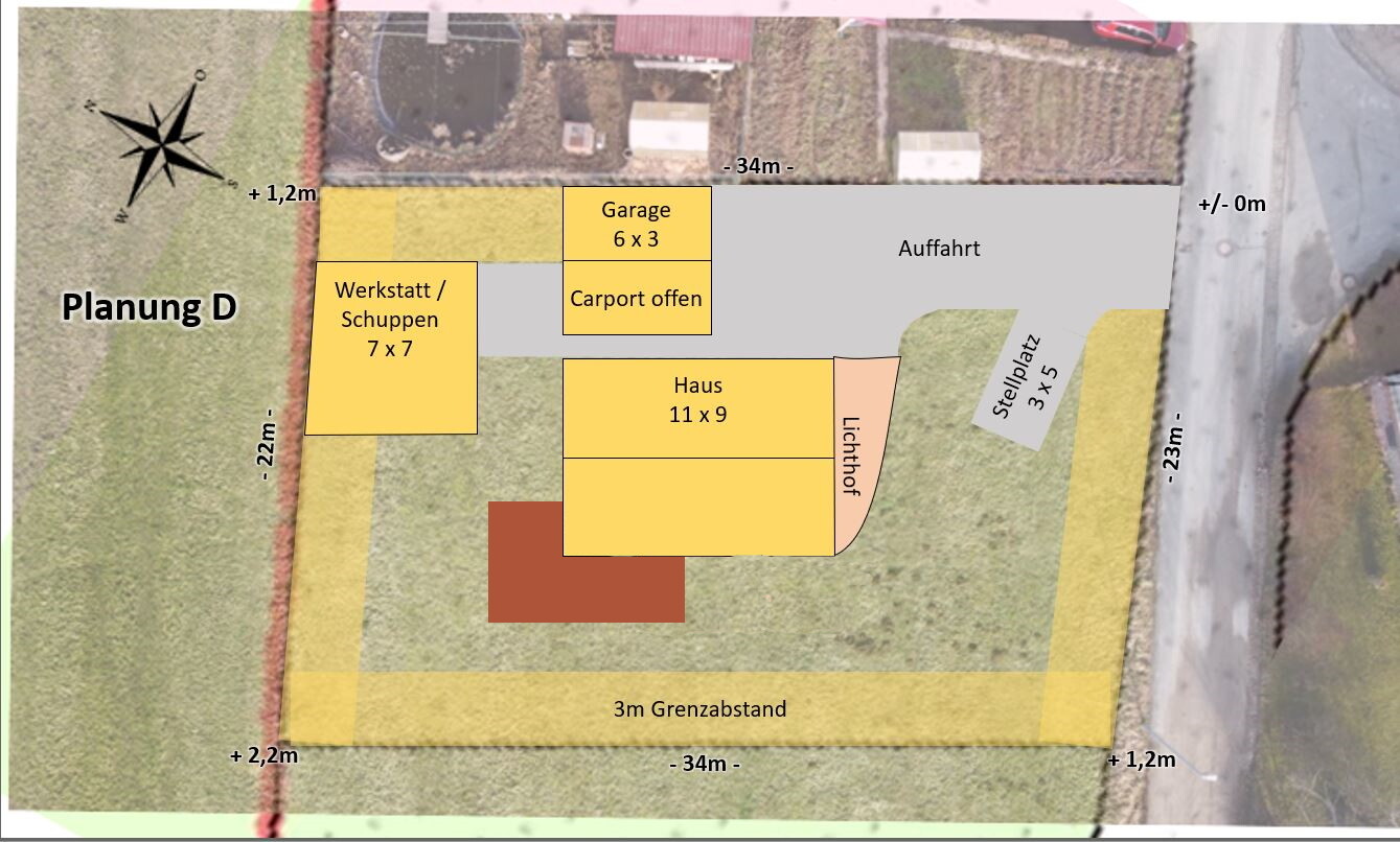 Planungsgrundriss D: Haus 11x9, Garage 6x3, Werkstatt 7x7, Carport offen, Stellplatz, Zufahrt