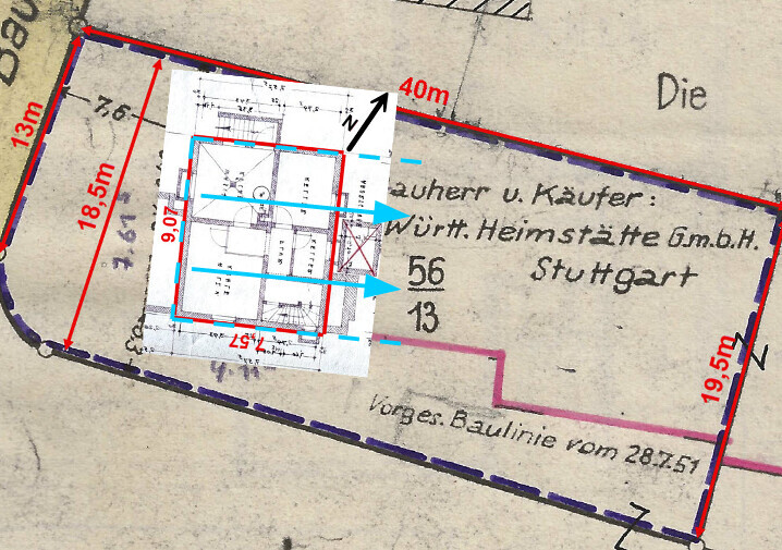 Historische Katasterkarte mit Parzellenumrandung und überlagertem Bauplan im Zentrum.
