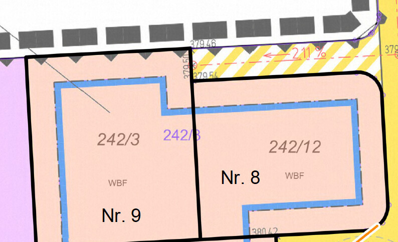 Lageplan eines Baugrundstücks mit Parzellen Nr. 8 und Nr. 9, blaue Umrandung