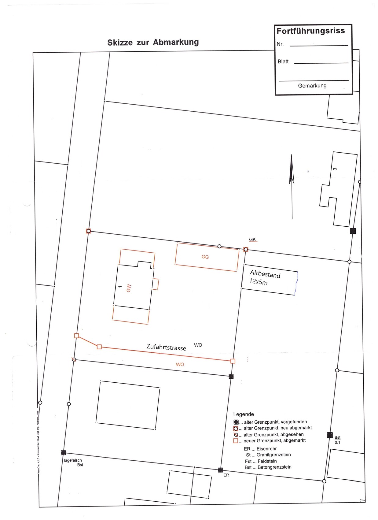 Skizze zur Abmarkung: Grenzen, Zufahrtstr., Altbestand 12x5m.