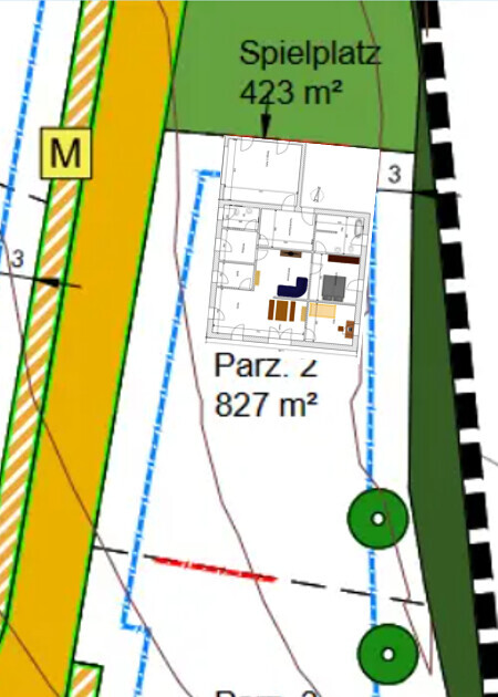 Lageplan eines Baugrundstücks mit Spielplatz Parzelle 2 und Gartenbereich