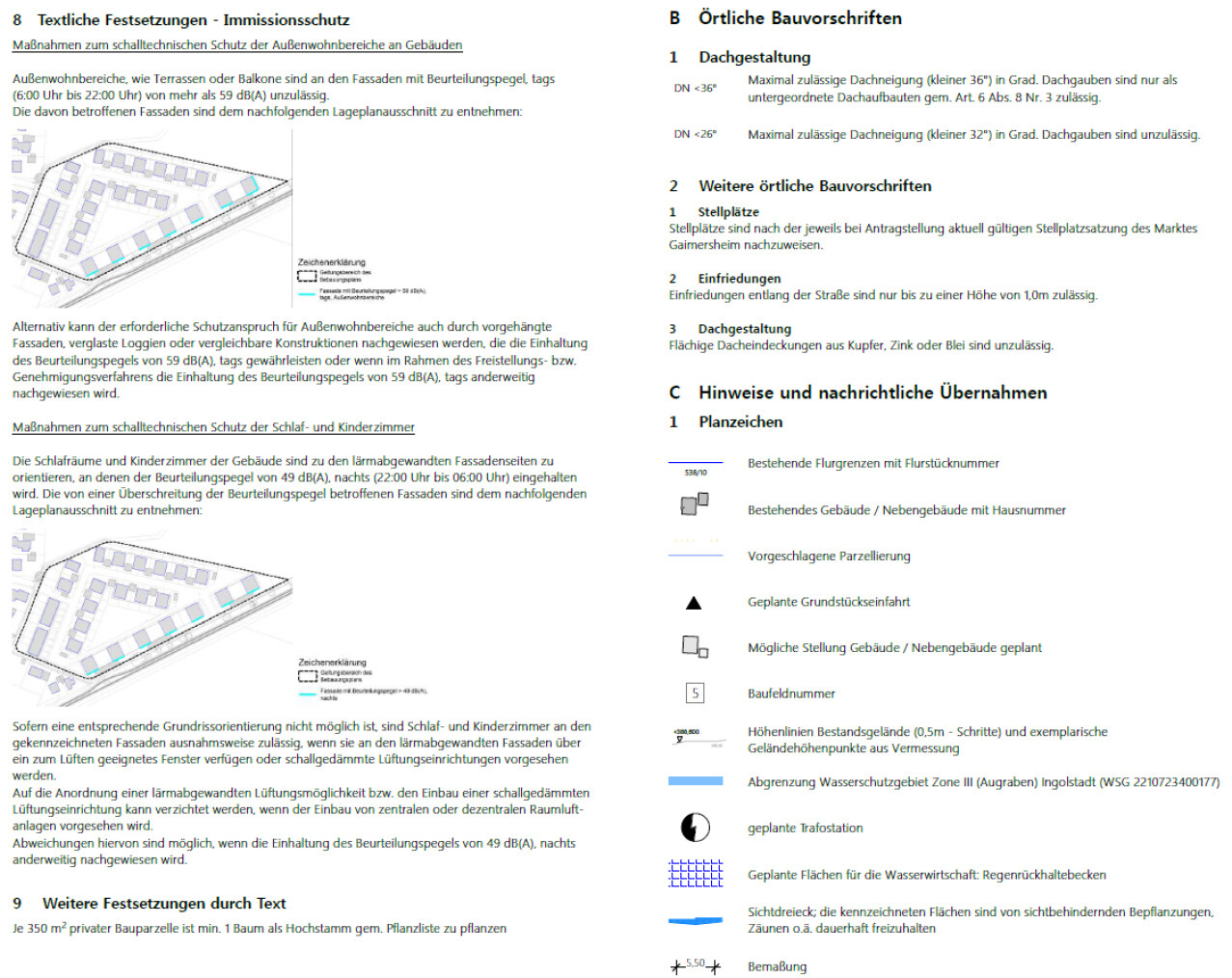 Dokument mit örtlichen Bauvorschriften und Diagrammen zu Fassaden, Dachgestaltung und Stellplätzen.