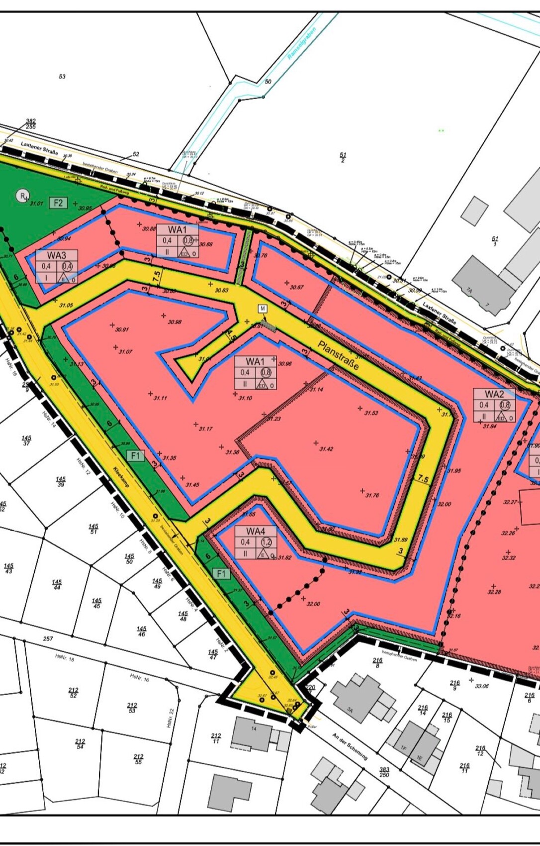 Bebauungsplan eines Baugebiets mit farbigen Zonen (WA1–WA4) und Planstraße.