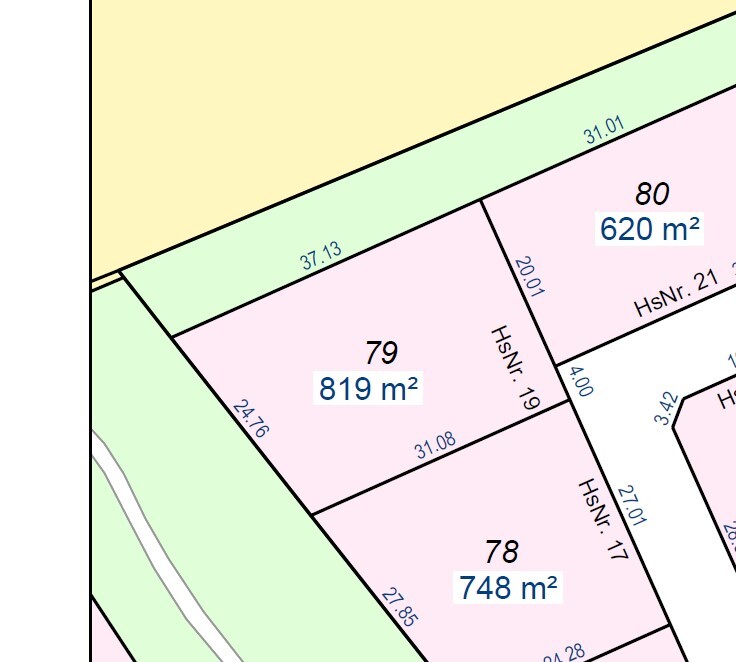 Lageplan der Parzellen 78, 79 und 80 mit Flächenangaben in Quadratmetern