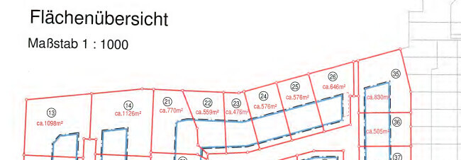 Flächenübersicht eines Parzellenplans mit roten Umrissen, Nummern und Flächenangaben (Maßstab 1:1000)