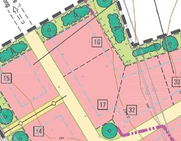 Lageplan eines Baugrundstücks mit markierten Bauflächen, Wegen und Bäumen