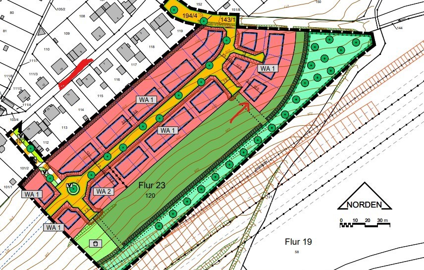 Lageplan eines Wohnquartiers mit WA1/WA2 Zonen, Straßen, Grünflächen, Nordausrichtung.