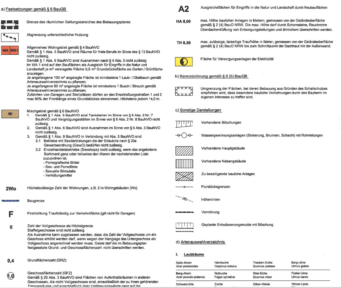 Schematische Legende eines Bebauungsplans (A2) mit Symbolen, Grenzlinien und Text.