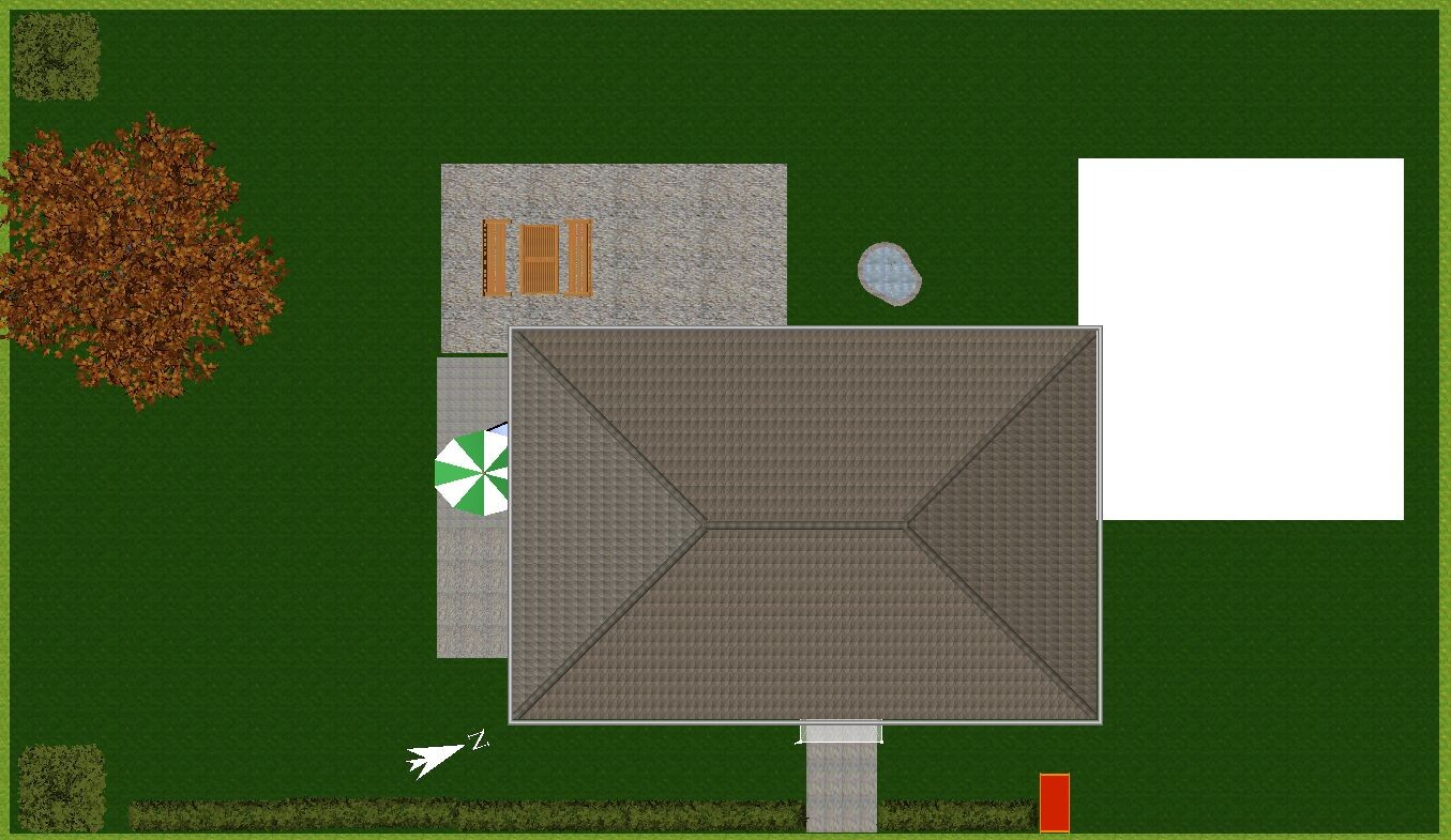 Luftbild eines Hauses mit Dach, Terrasse und Garten im Außenbereich