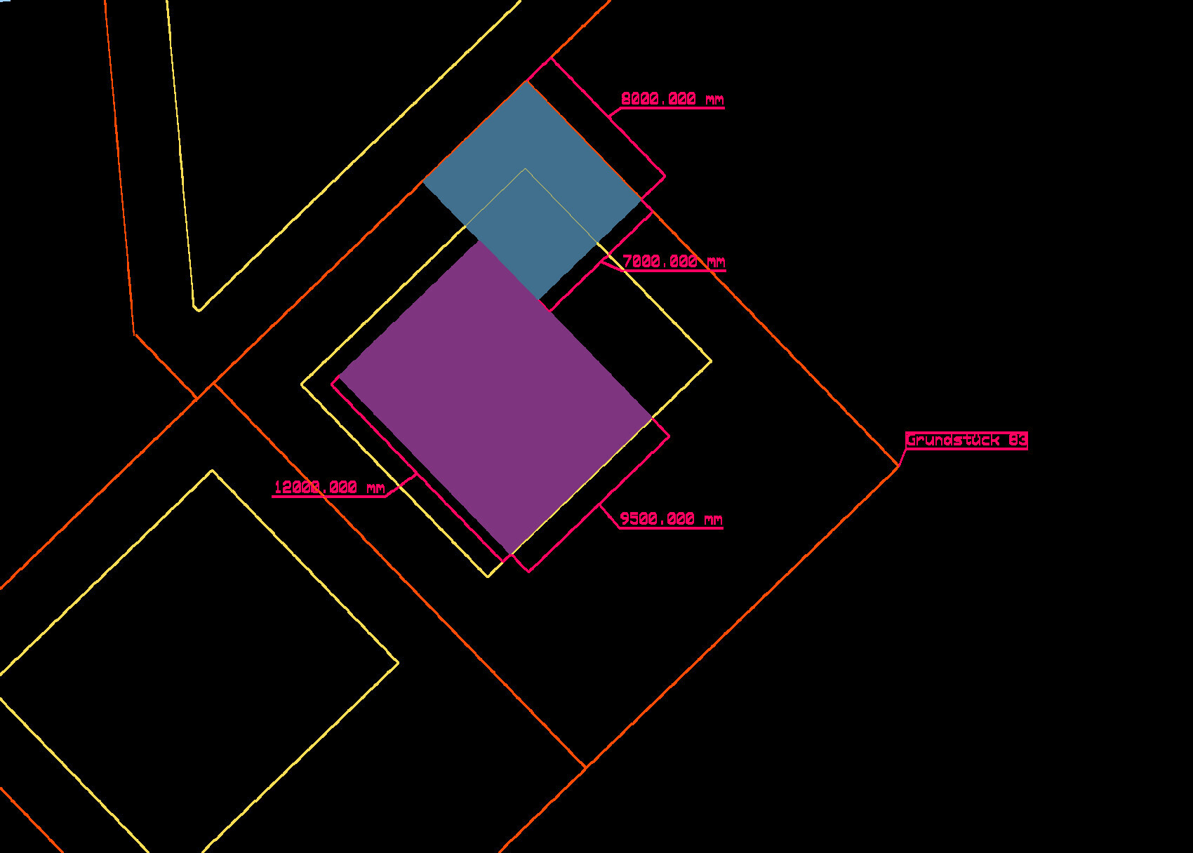Grundstücksplan mit zwei schräg stehenden Quadraten (blau und violett) und Maßlinien; Grundstück 83.