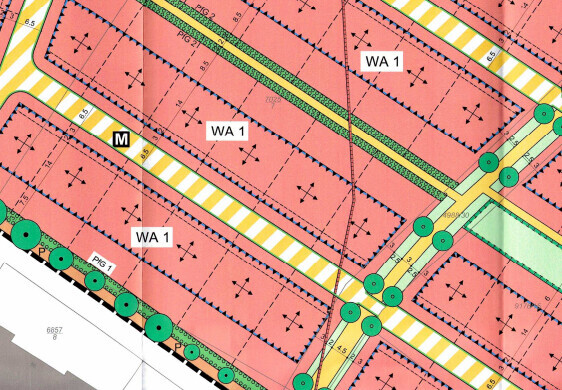 Lageplan eines Baugebiets: pinke WA-1-Blöcke, gelbe Straßenstreifen, grüne Kreisverkehre.