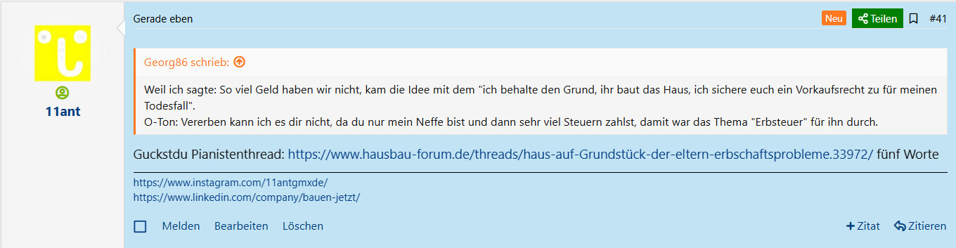 Forumseintrag zu Grundstück, Erbschaft und Hausbau in einem Bauforum