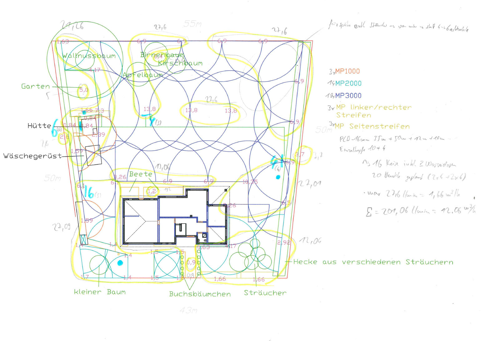 Grundstücks- und Gartenplan mit Hausgrundriss, Bäumen und Beeten
