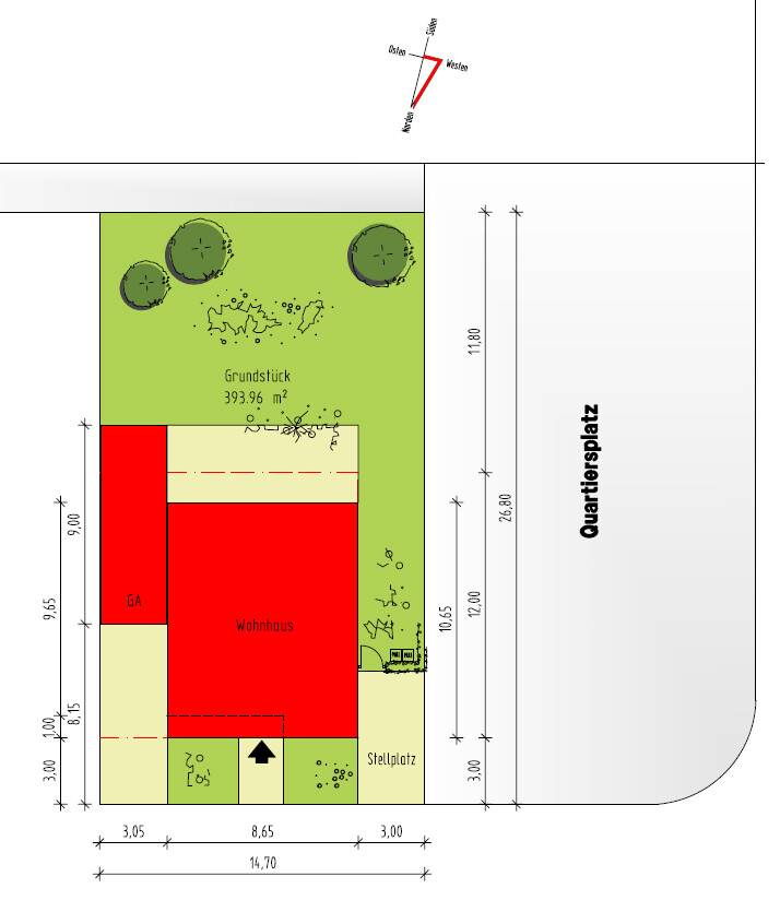 Grundstücksplan mit Wohnhaus, Stellplatz, Gartenfläche und Maßangaben.
