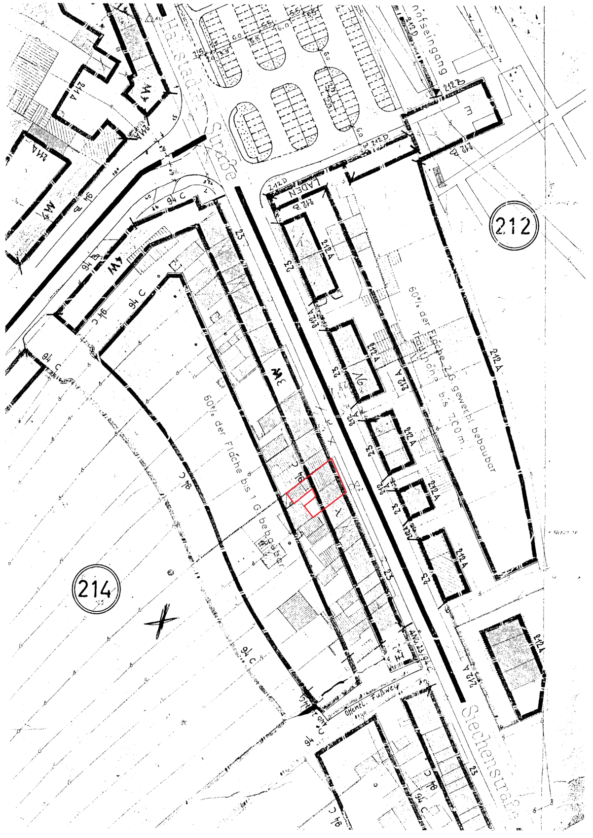 Schwarz-weiß Stadtplan eines Gebäudekomplexes mit rotem Rechteck als Markierung eines Bereichs
