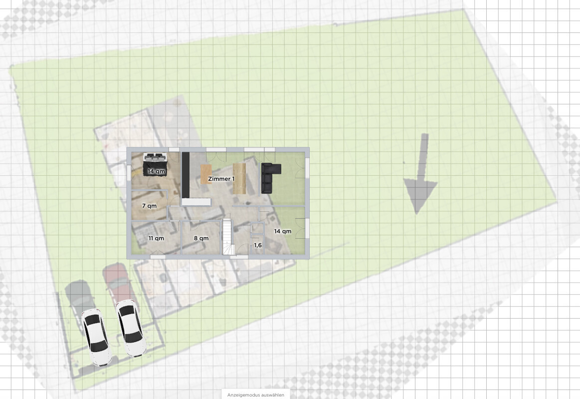 Grundriss eines Hauses mit mehreren Zimmern (Angaben in qm), umliegender Garten, zwei Autos links.