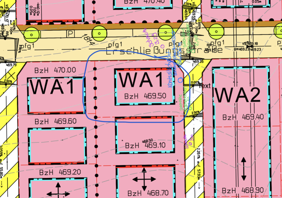 Lageplan eines Baugebiets mit pinken Parzellen WA1 und WA2, Maßlinien und Markierungen.