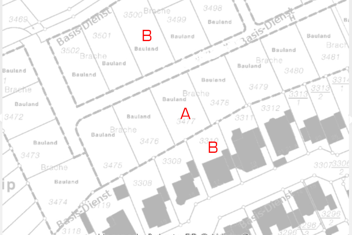Lageplan eines Baugebiets mit Parzellen, Baulandflaechen und Gebaeudestrukturen