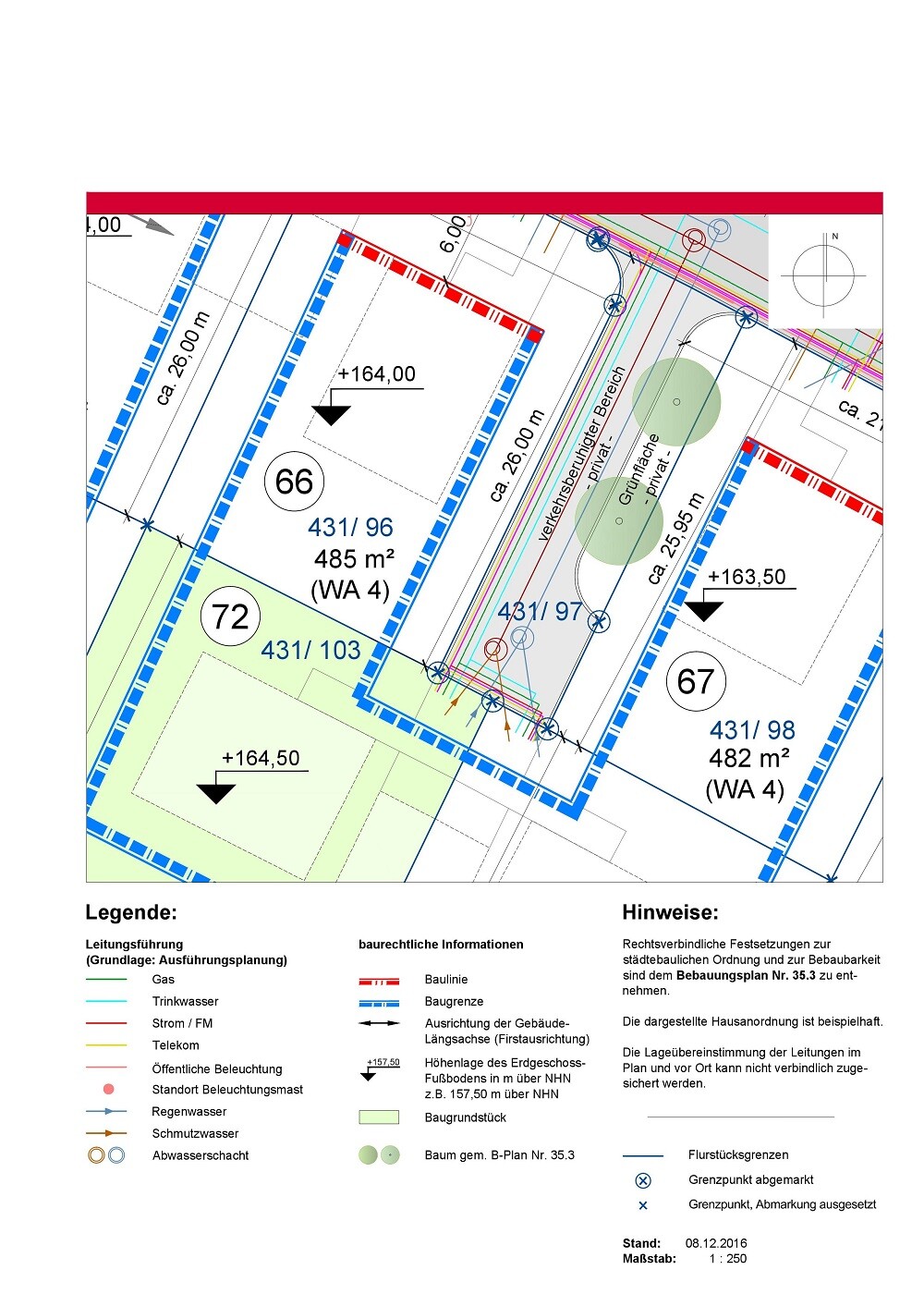 Lageplan eines Baugrundstücks mit Grenzlinien, Maßangaben und Legende