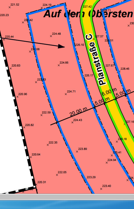 Lageplan mit Parzellen, Planstraße, roten Flächen und blauen Grenzlinien