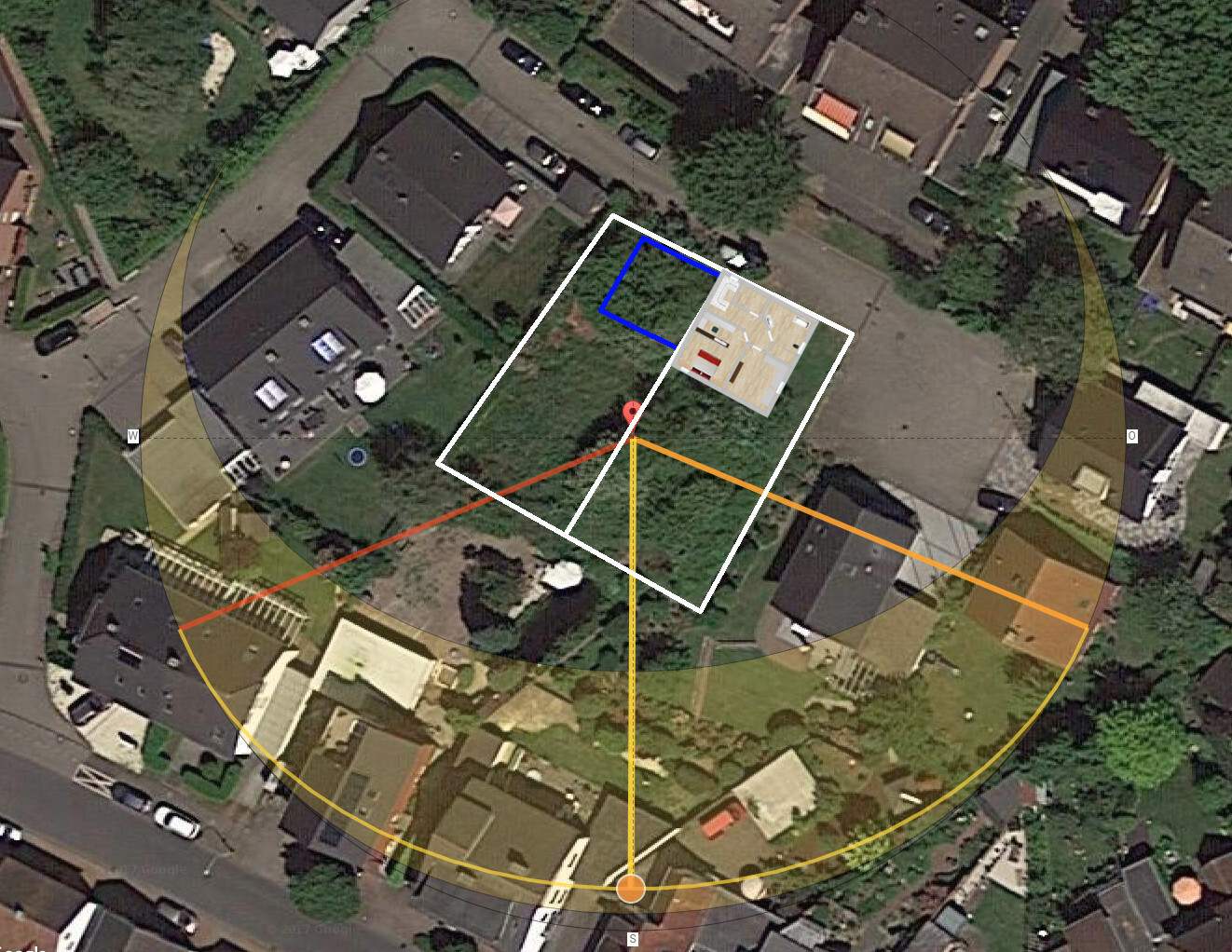 Luftbild eines Wohngebietes mit Baugrundrissen und Plan-Overlay