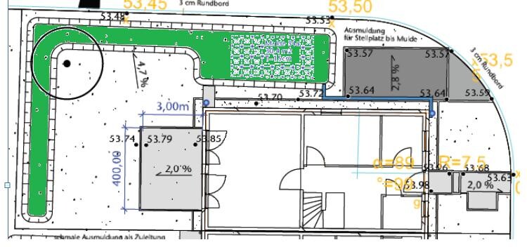Lageplan eines Baugrundstücks mit Gebäudestruktur, Zufahrt und Gartenanlage