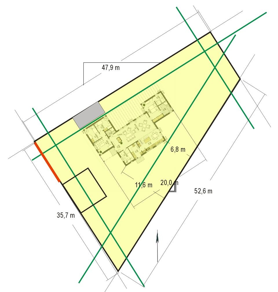 Lage- und Grundrissplan eines Grundstücks mit Gebäudeumriss und Maßen