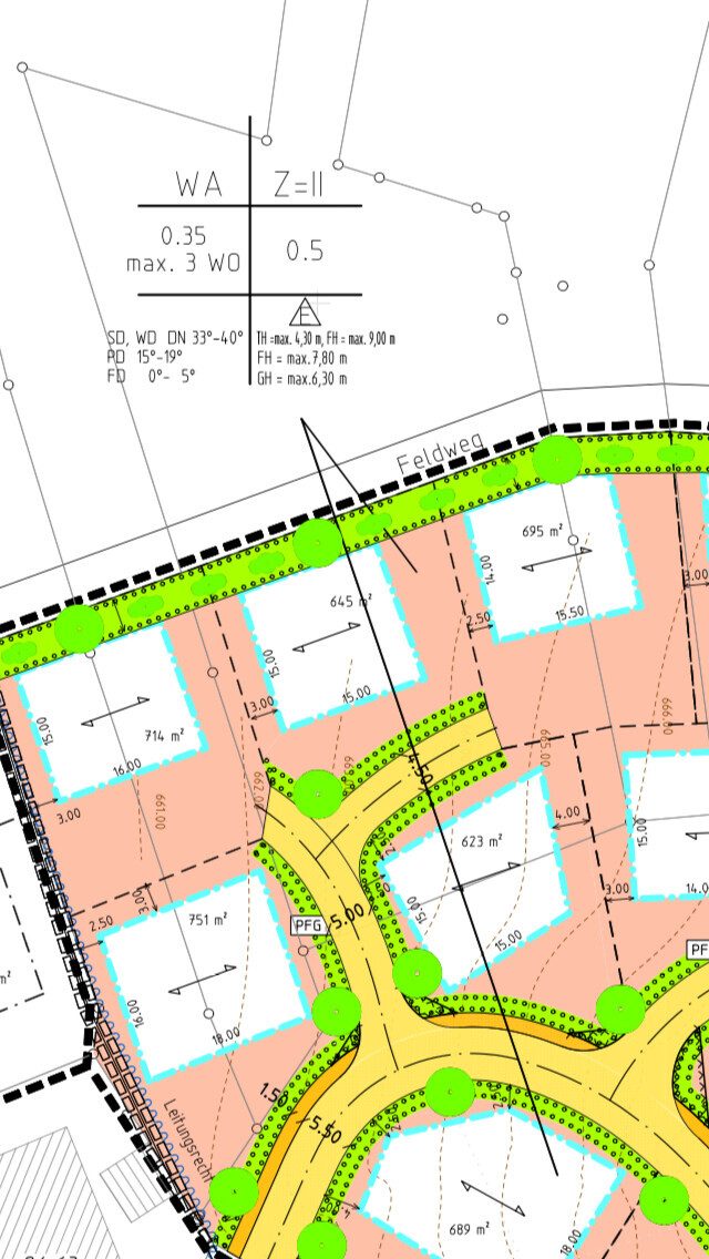 Lageplan eines Baugebiets mit Parzellen, Straßen, Grünflächen und Bäumen.