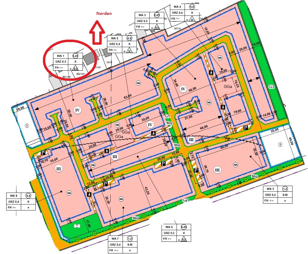 Lageplan eines Baugebiets: Straßen, Gebäudeflächen, Grünflächen; Norden oben, roter Kreis markiert