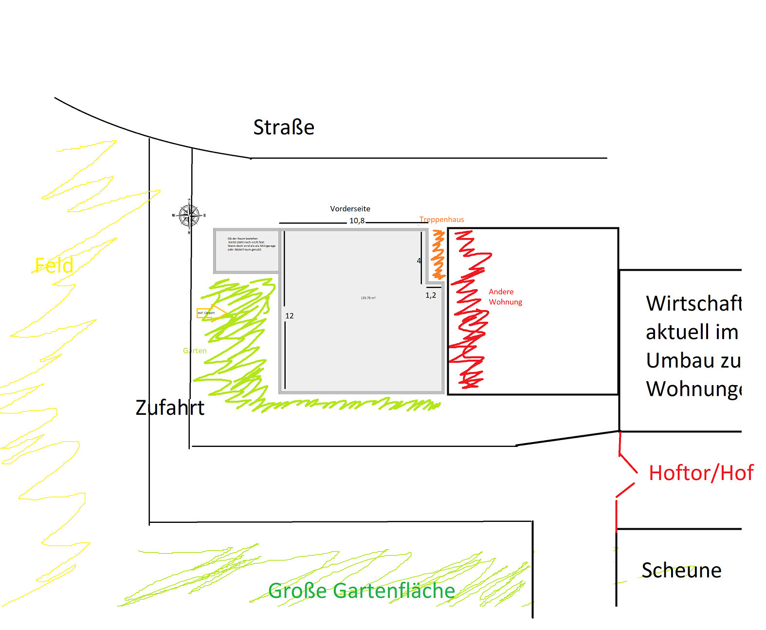 Lageplan eines Grundstücks mit Gartenfläche Zufahrt Straße und angrenzender Bebauung
