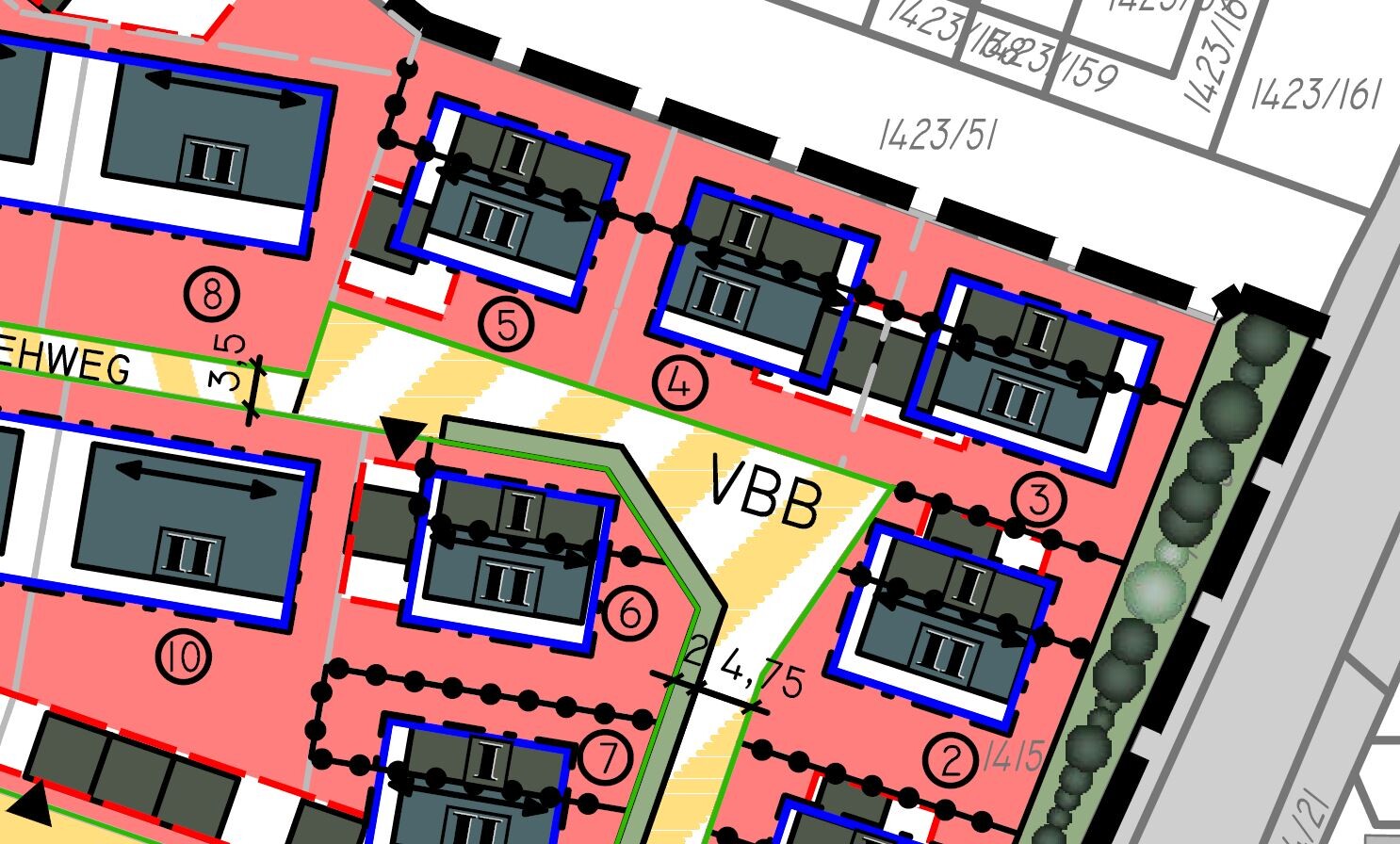 Stadtplan eines Baugebiets: rote Zonen, blaue Gebäudekonturen, nummerierte Parzellen und VBB.