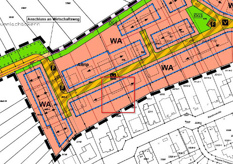 Lageplan eines Baugrundstücks mit WA-Zonen, Wegen und Gebäudeflächen