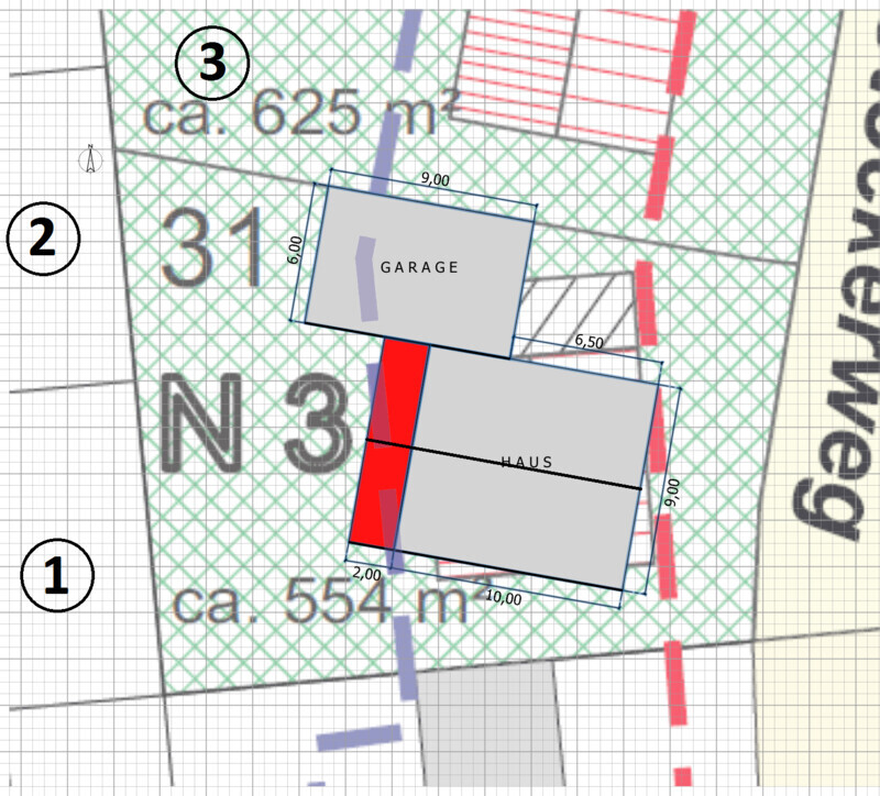 Grundriss eines Baugrundstücks mit Haus und Garage, Maßen und Parzellennummern.