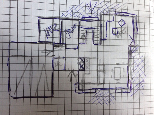 Handgezeichnete Grundriss-Skizze auf kariertem Papier mit Zimmeranordnung