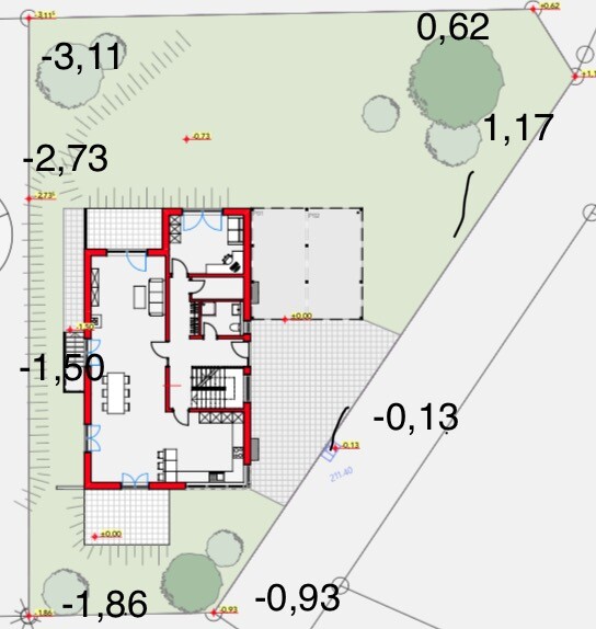 Lageplan: Grundriss des Hauses mit Garten, Zufahrt und Außenflächen.