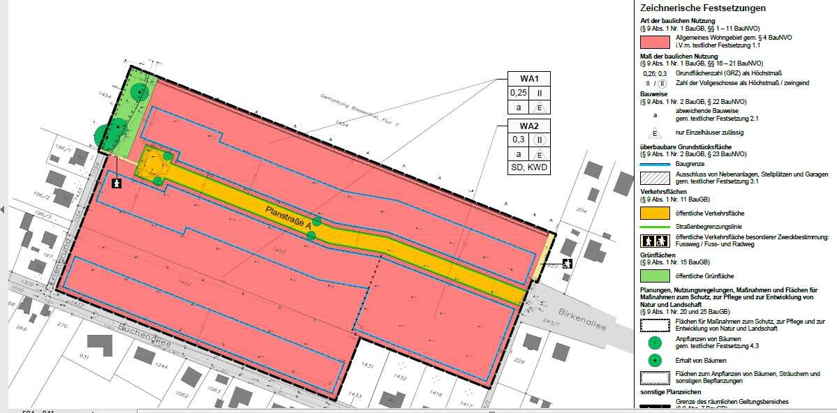 Lageplan eines Baugrundstuecks mit Grundriss und Legende