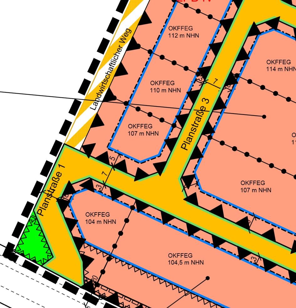 Lageplan: Planstraße 3/1, orange Parzellen, blaue Grenzlinien, grüne Fläche links.