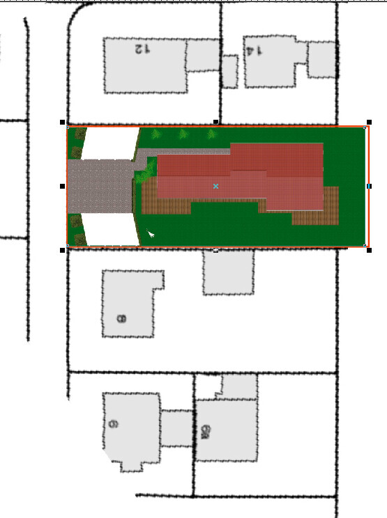 Lageplan eines Grundstücks: rotes Dachgebäude, grüner Garten, braune Terrassen, Zufahrt.