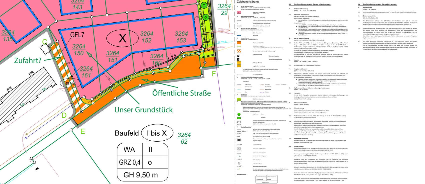 Lageplan eines Baugebiets mit farbigen Zonen, Grundstücksgrenzen, Zufahrt und Straße.