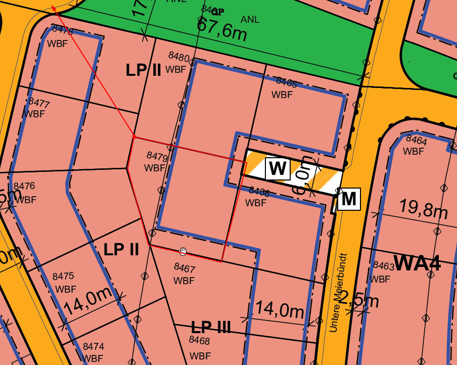Lageplan eines Grundstücks mit Parzellen, Gebäudeflächen und Straßenverlauf