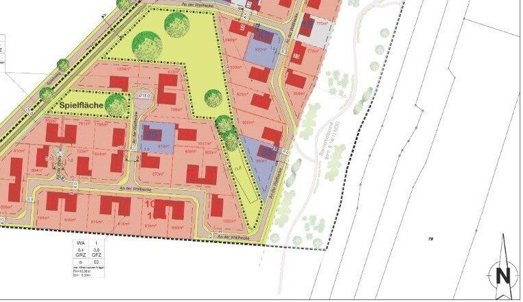Lageplan eines Wohnbaugebiets mit Grundstücken, Straßen, Gebäuden und Spielbereich