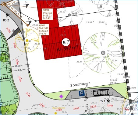 Grundstücksplan zeigt Gebäudefläche, Parkplatz und Gartenbereiche auf dem Baugrundstück.