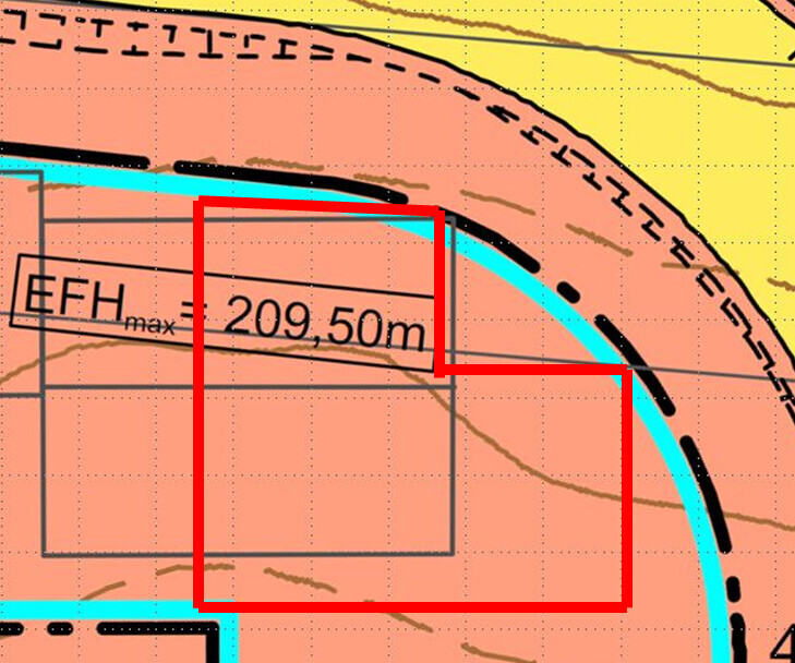 Grafische Baugrundplan-Skizze mit farbigen Zonen und Maßangabe 209,50 m